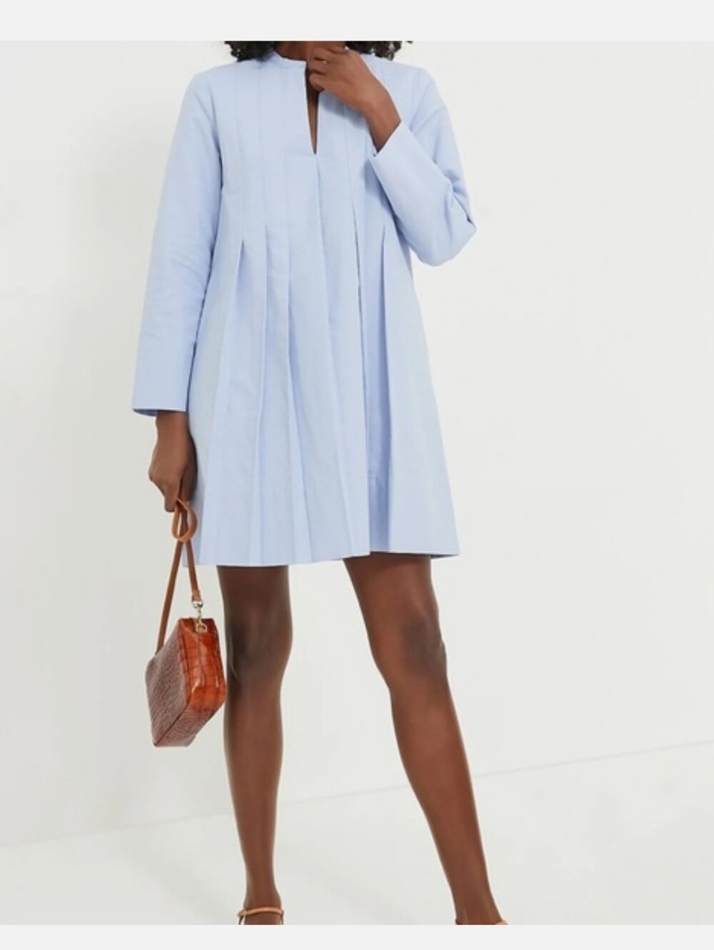 Tuckernuck Sky Blue Luella Dress Pleated 100% Cotton 3/4 Sleeves V Neck Medium